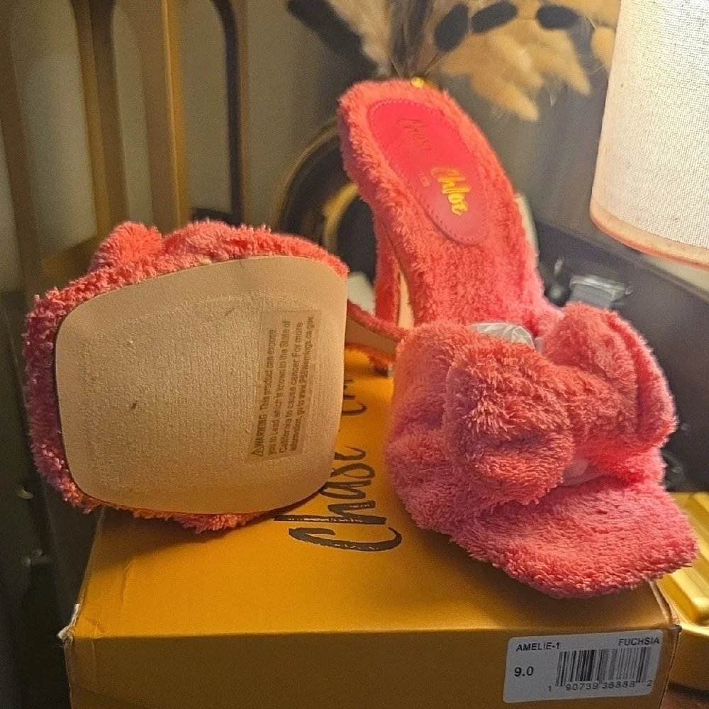 Fuzzy Pink Bow Heels - Picture 2 of 5